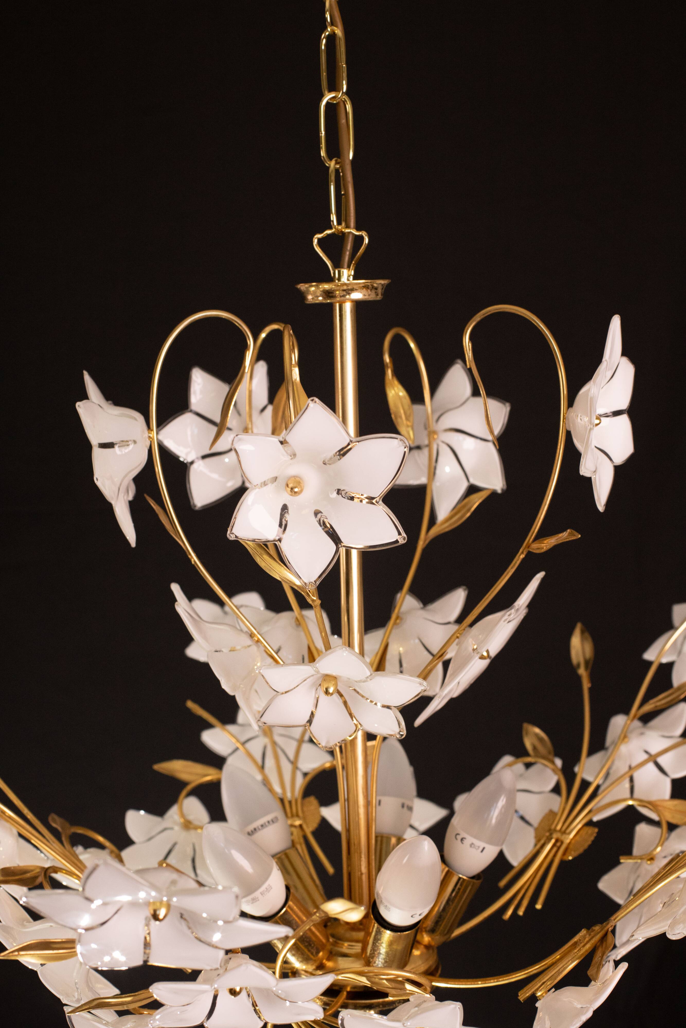 Vintage Murano Glass Chandelier White Flowers, 1970