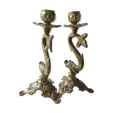 Pair of neoclassical torchlight candlesticks, koi carp, feng shui. in gilded bronze