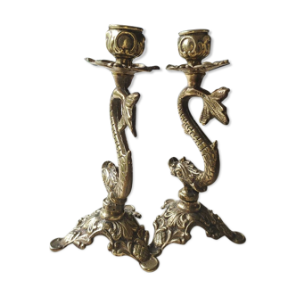 Pair of neoclassical torchlight candlesticks, koi carp, feng shui. in gilded bronze