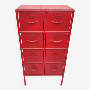 Storage unit with 8 industrial red metal drawers