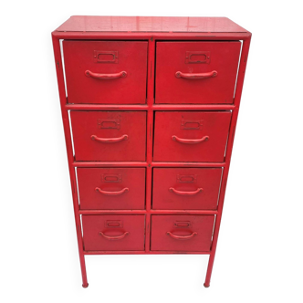 Storage unit with 8 industrial red metal drawers