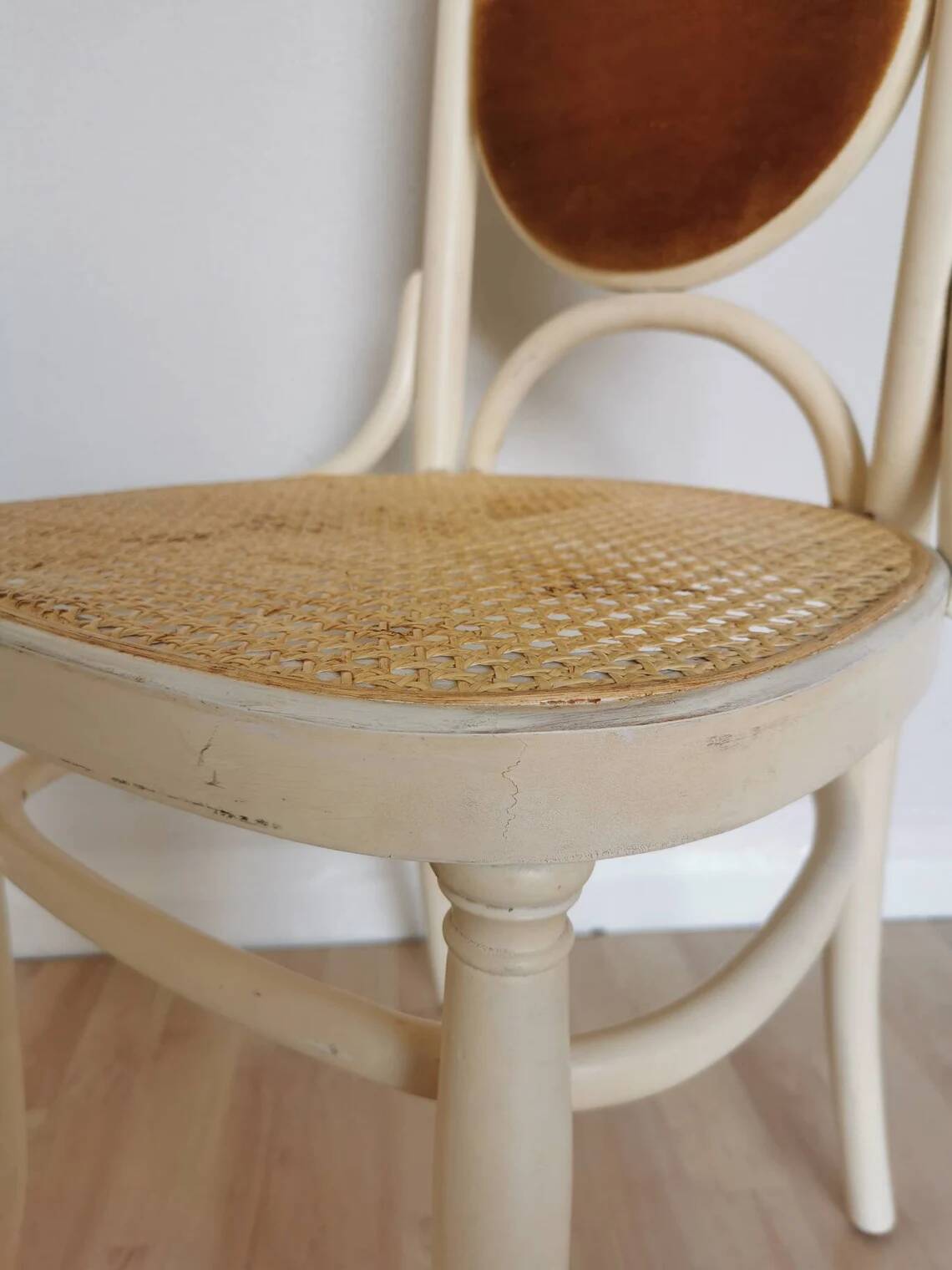 Vintage Thonet Bentwood Dining Chair: Cane Seat, Yellow Fabric Back