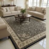 Classic navy blue living room rug decorated with flowers