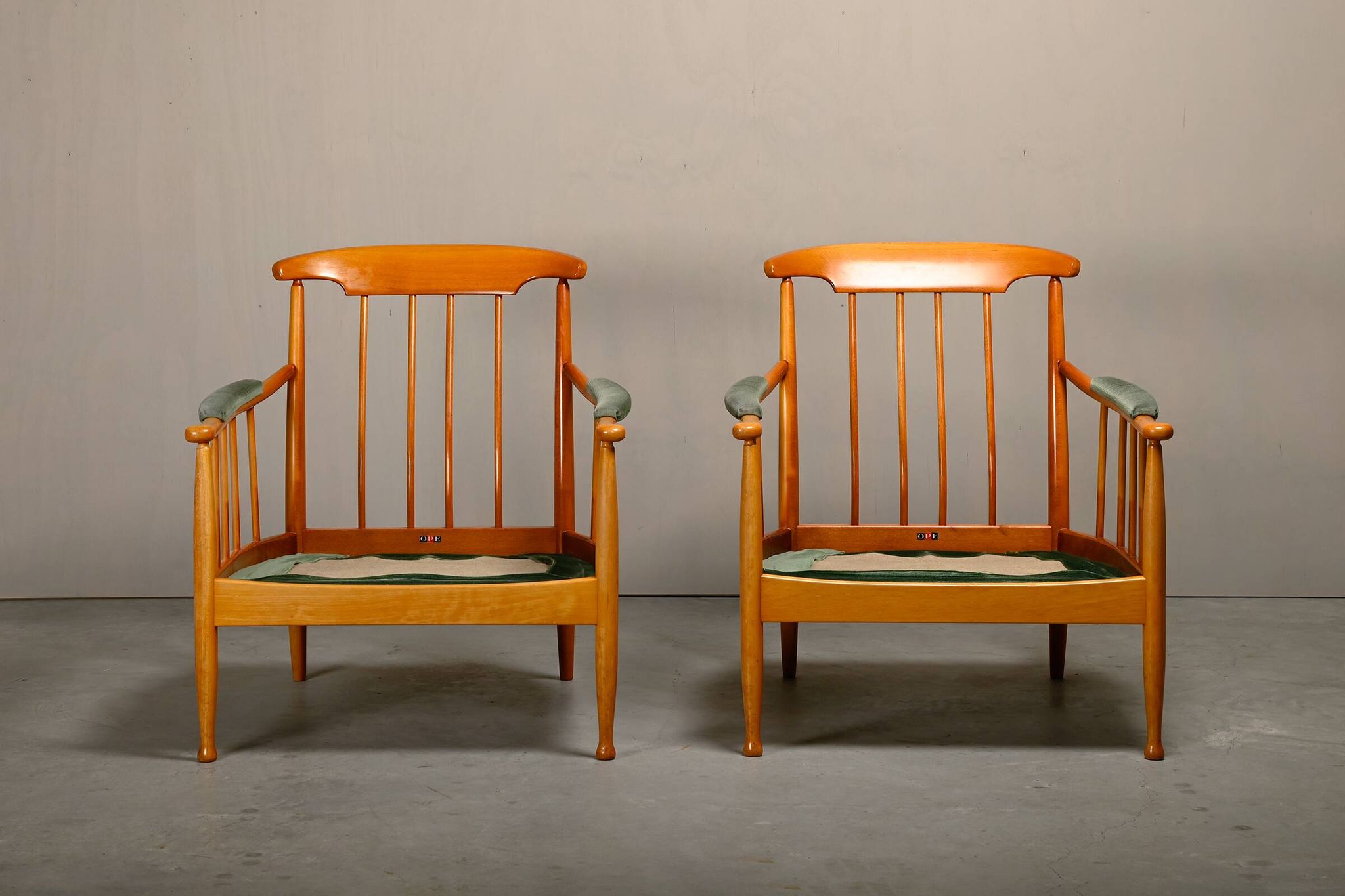 Kerstin Hörlin-Homquist Skrindan Armchairs in Beech and Green Velvet, Swede