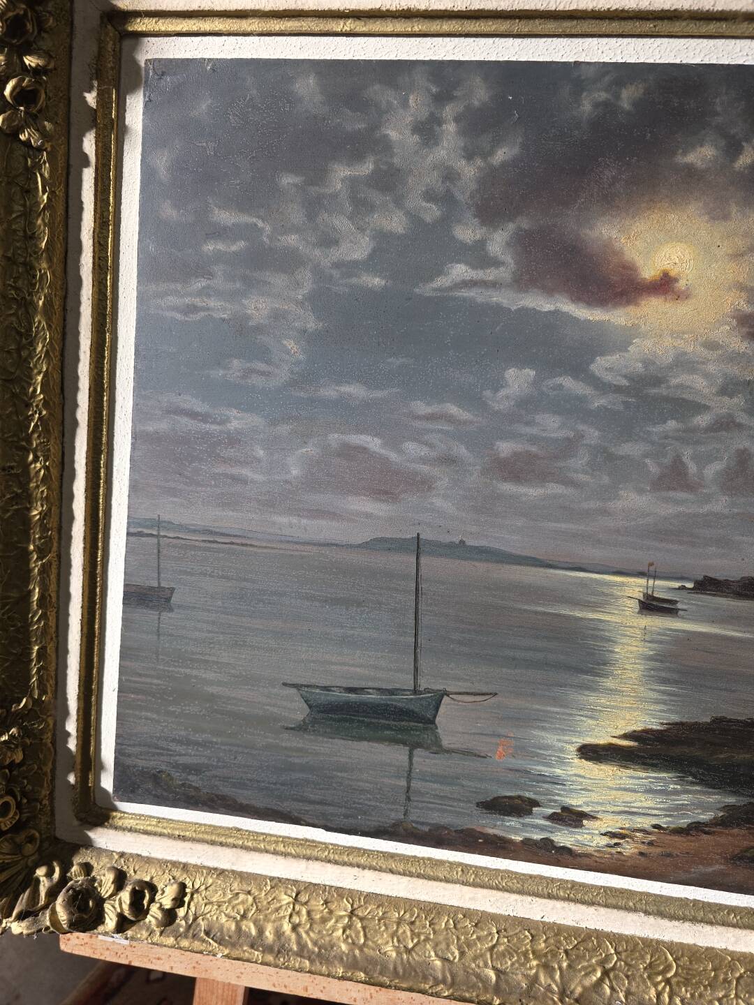 Old painting signed Roger de la Corbières – Seascape in the moonlight