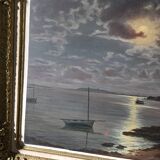 Old painting signed Roger de la Corbières – Seascape in the moonlight