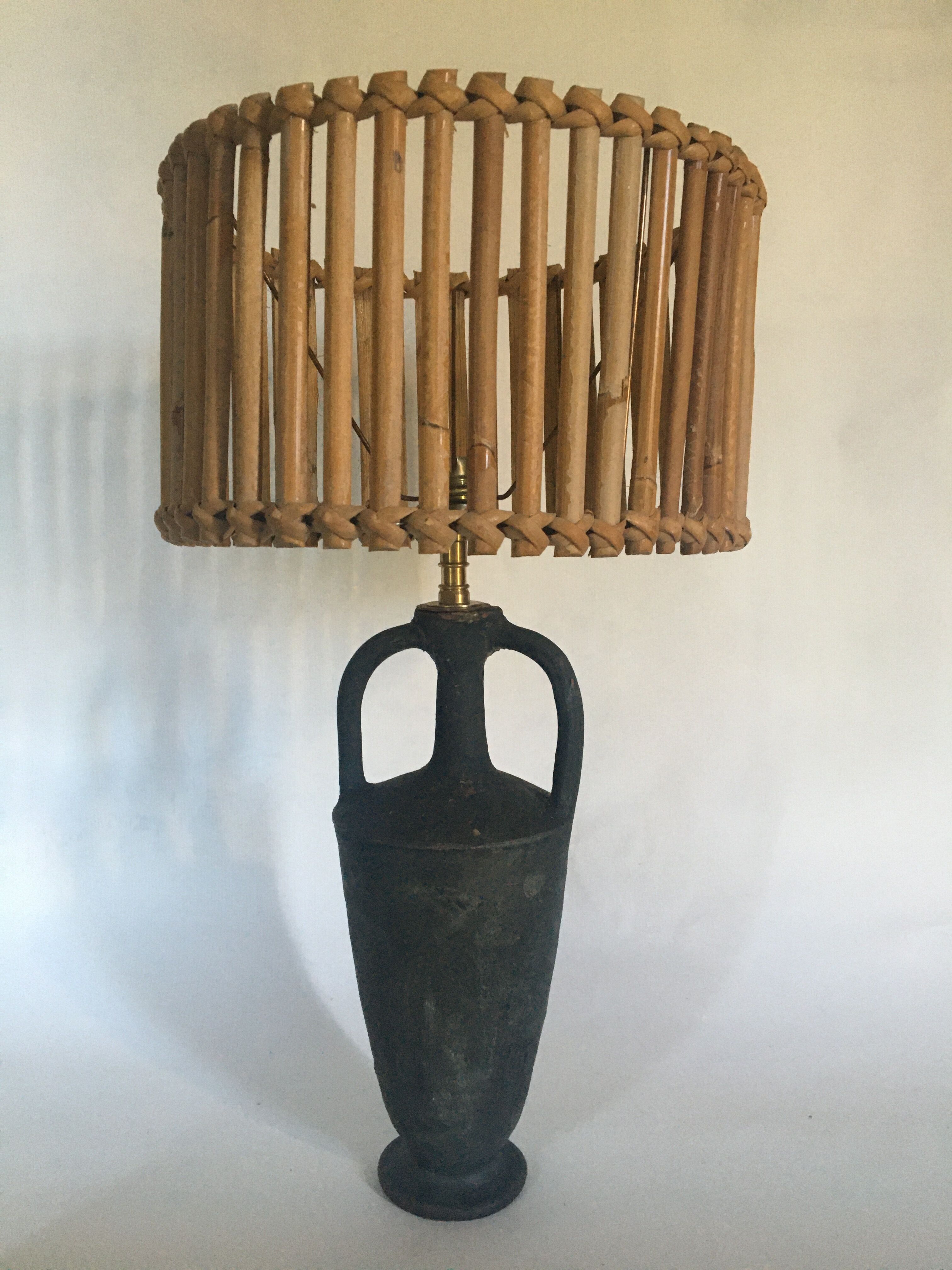 Pied de lampe terre cuite peinte, câble tissu 2 m