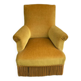 Fauteuil crapaud velours jaune moutarde à franges