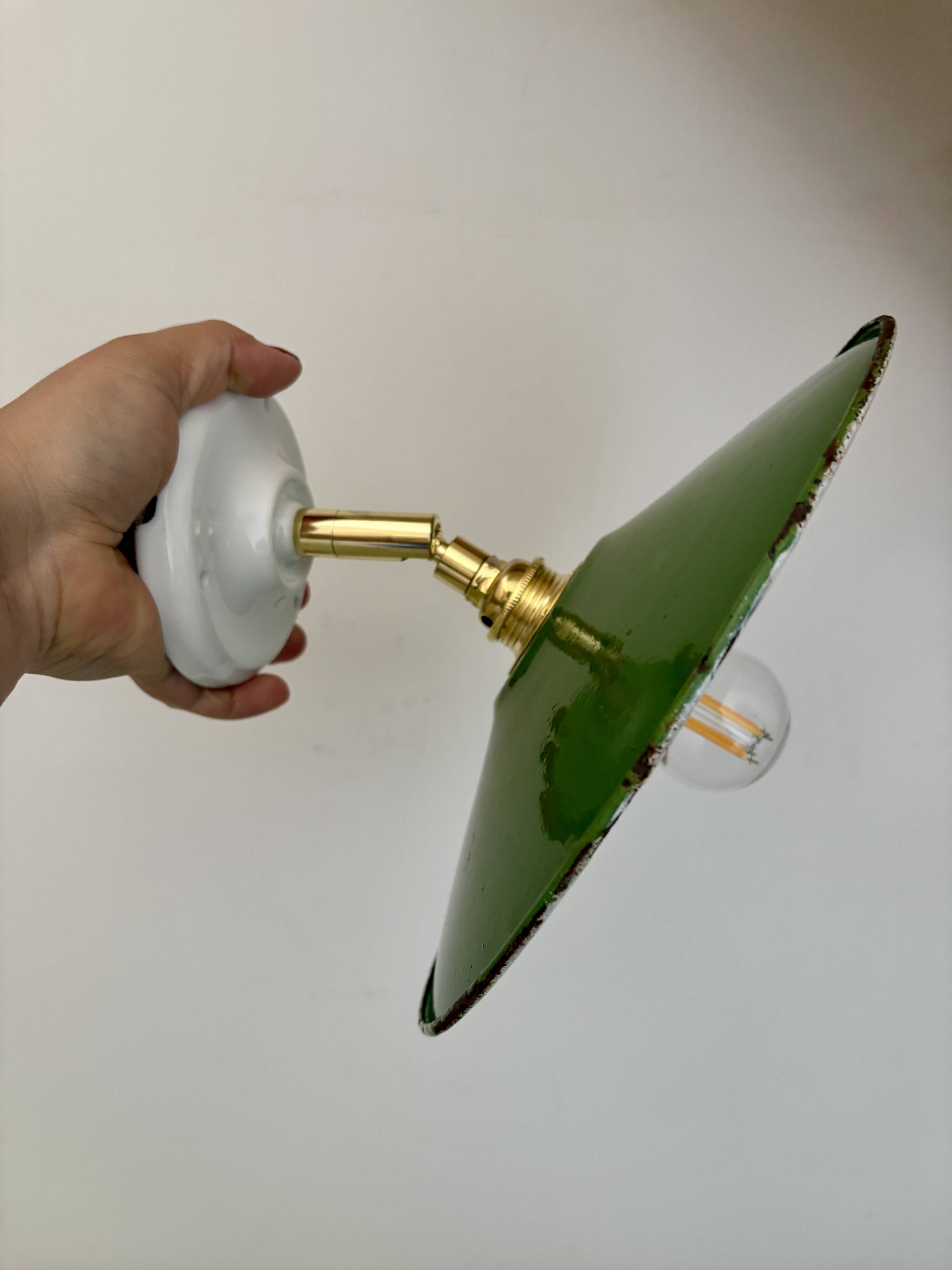 Vintage wall lamp with green and white enamelled sheet metal shade