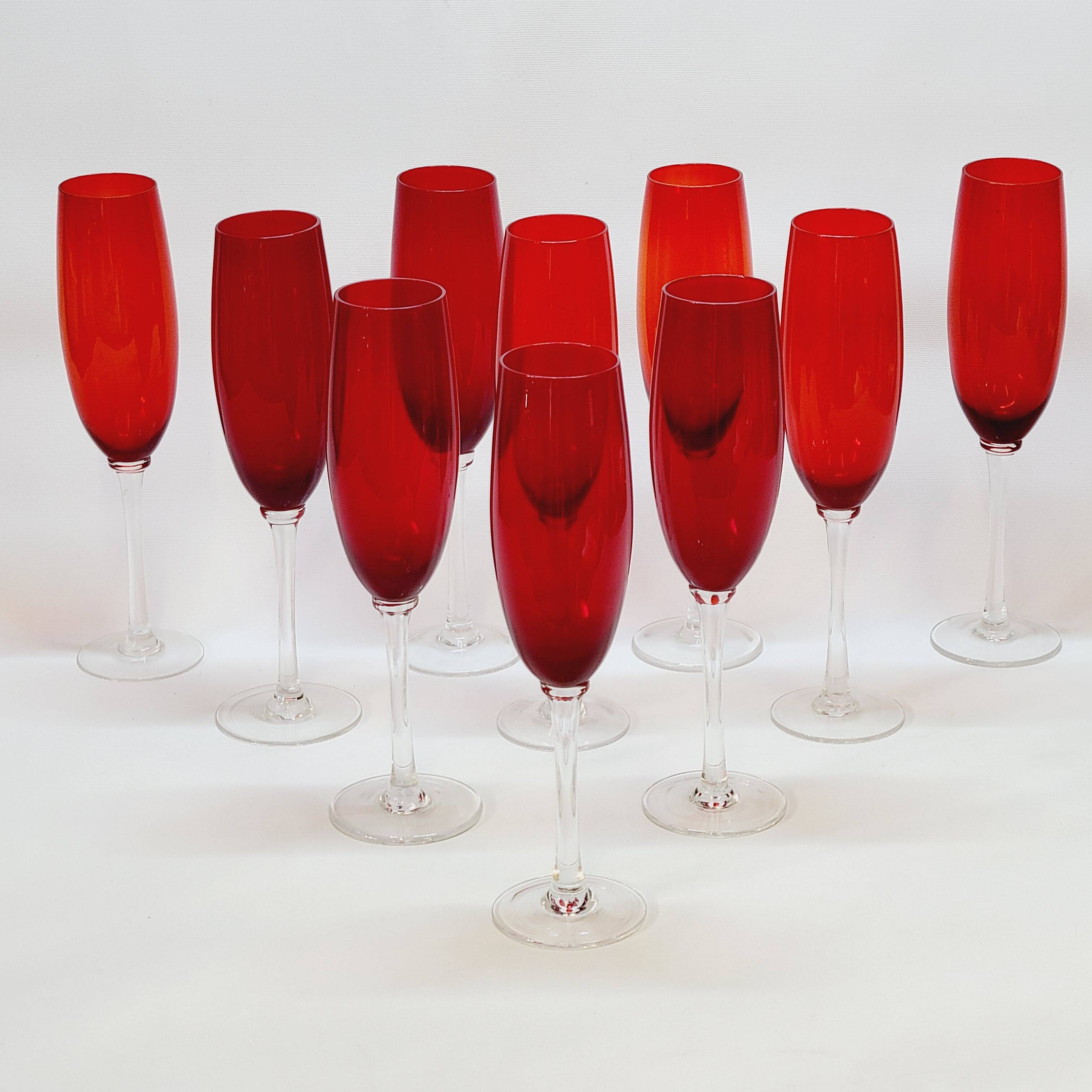 10 ruby red blown glass champagne flutes