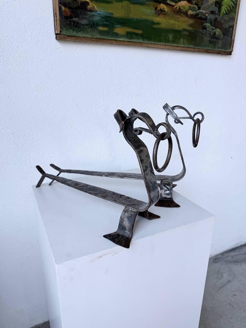 Pair of zoomorphic metal andirons "dogs" 1950