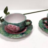 Pair of Green Earthenware Tea /Coffee Cups with Floral Motifs by Zaccagnini