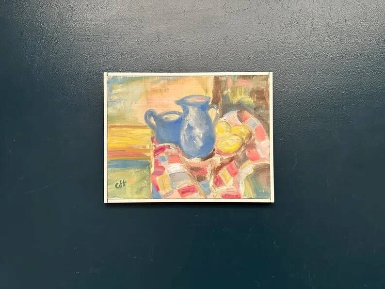 Original Swedish Oil on Panel – “Blue Pitchers and Lemon” by Off – Signed – Vintage and Framed – 37 × 29 cm (14.6 in × 11.4 in)