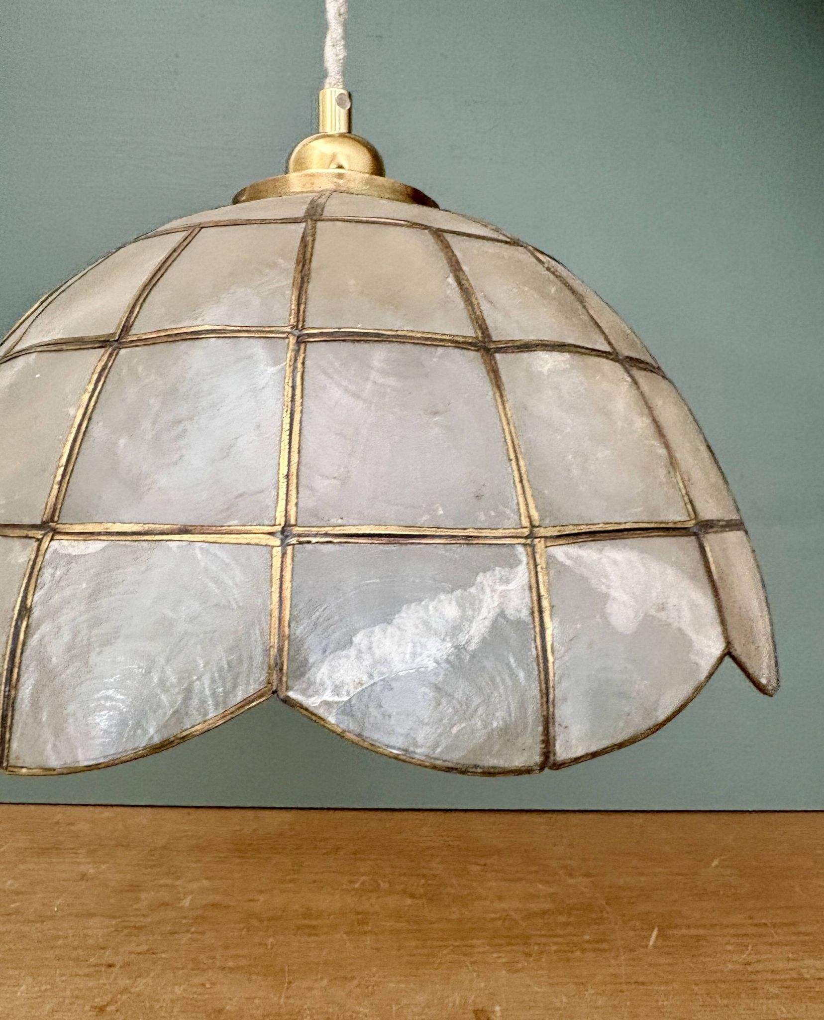 Vintage mother-of-pearl and brass pendant lampshade with fruit decorations