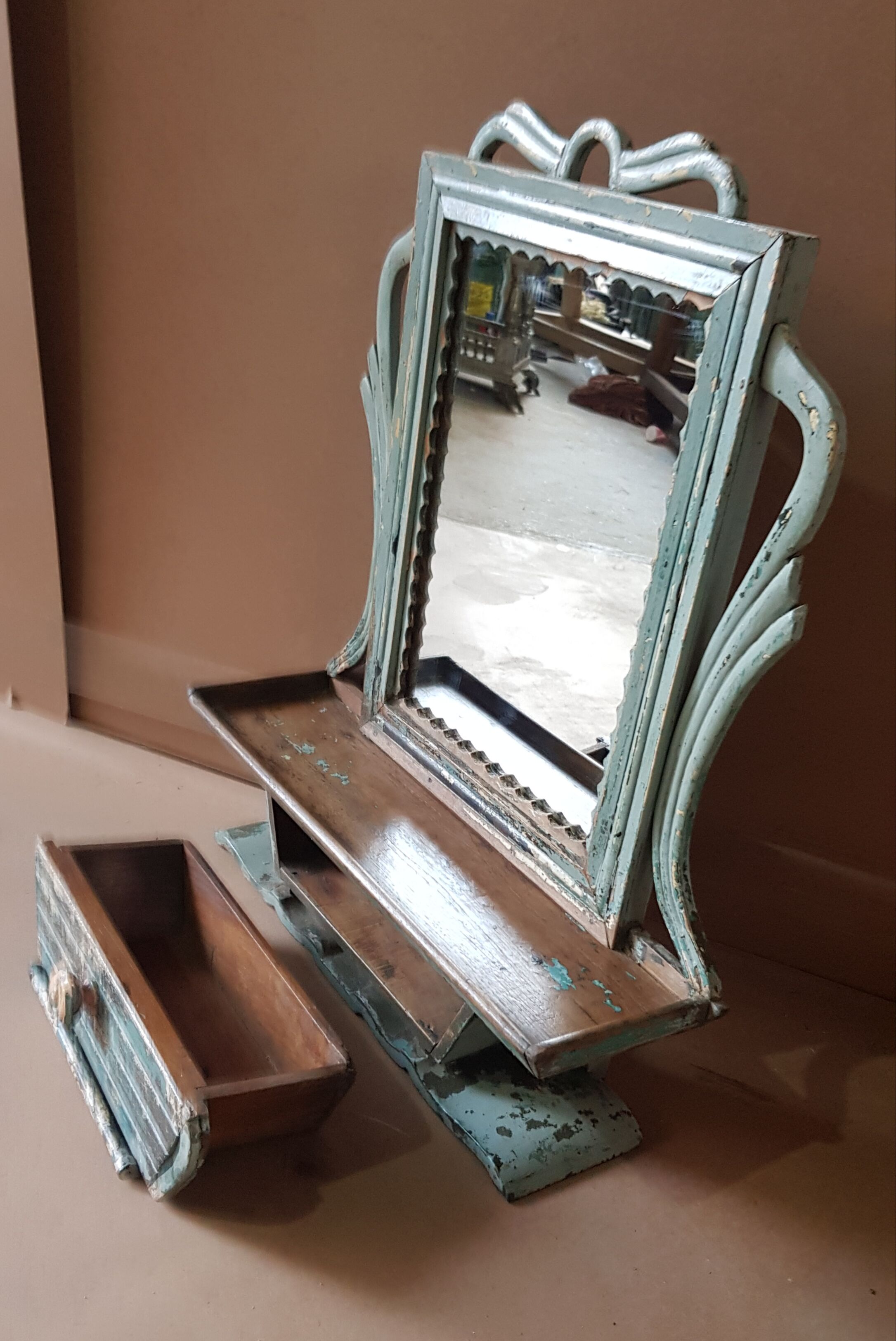 Mirror - Burmese Teak Art Deco wall shelf with original blue patina