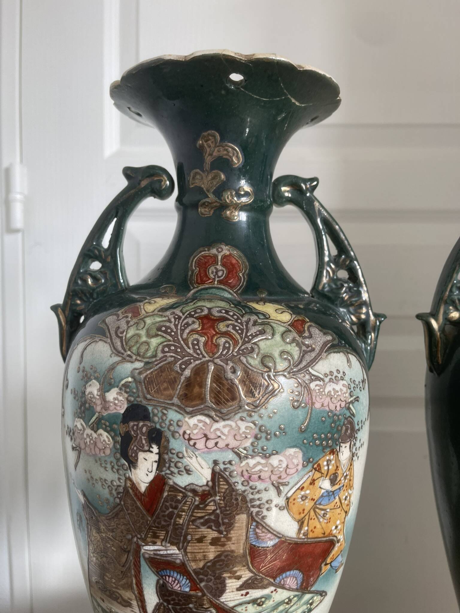 Antique Pair of Japanese Green Moriage Vases Baluster Amphora Flowers Restored