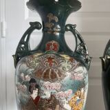 Antique Pair of Japanese Green Moriage Vases Baluster Amphora Flowers Restored