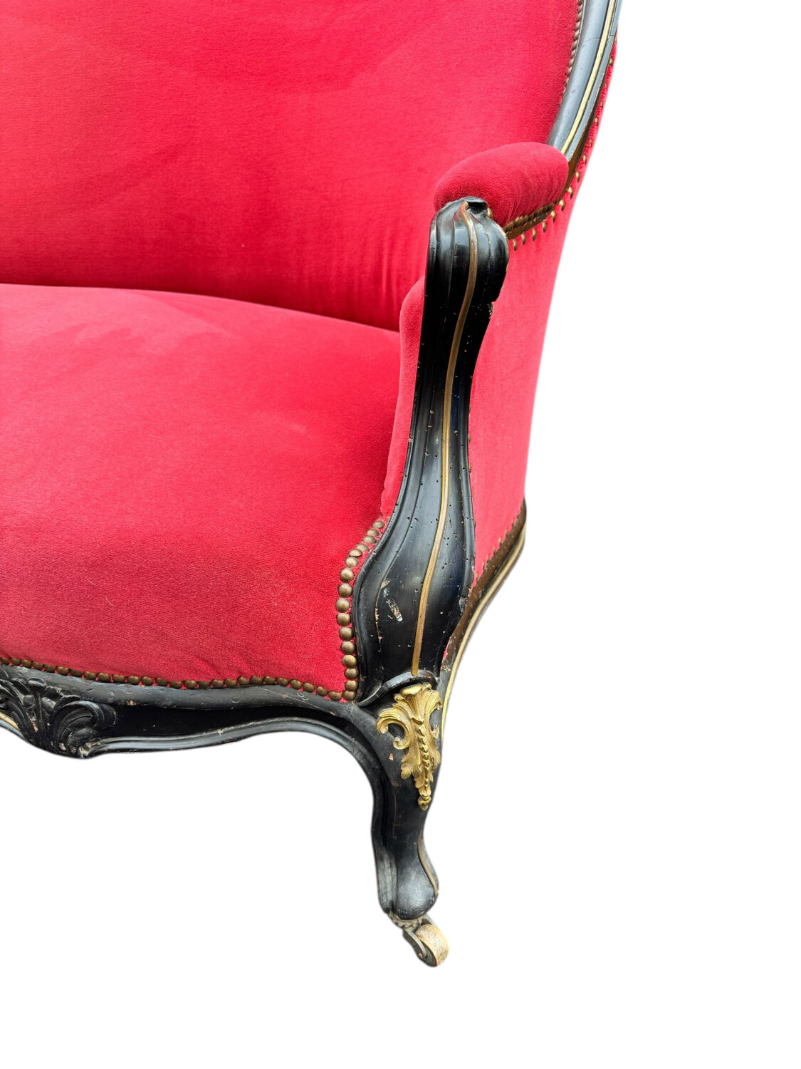 Napoleon III period bench – Blackened wood, brass and red velvet