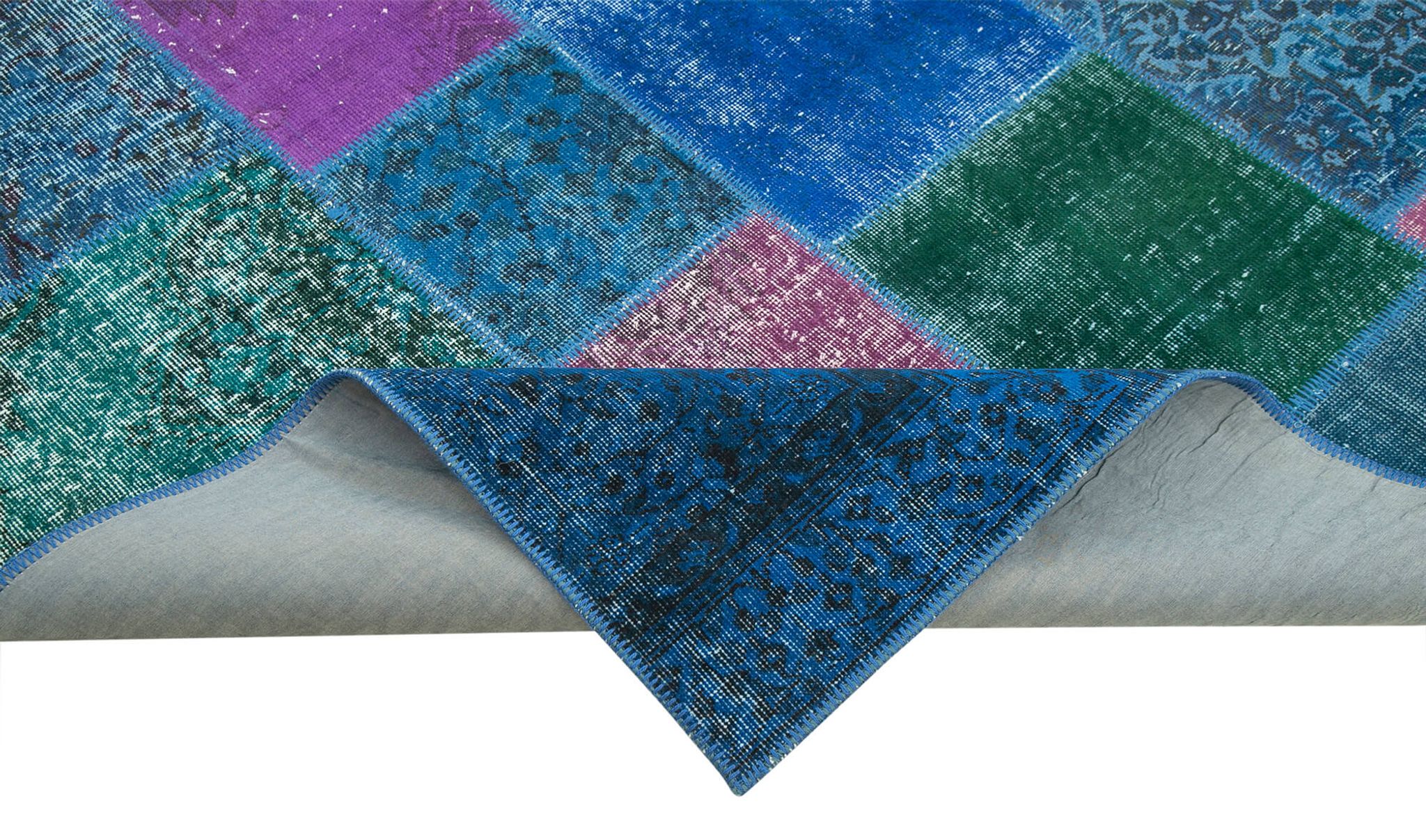 Handwoven anatolian contemporary 204 cm x 300 cm blue patchwork carpet
