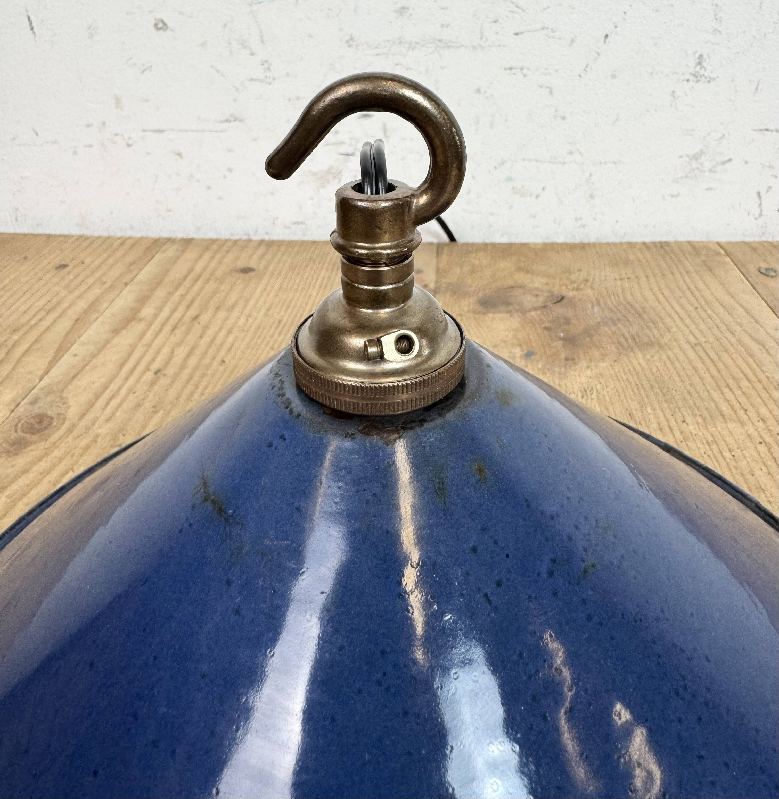 Industrial British Blue Enamel Factory Pendant Lamp, 1950s