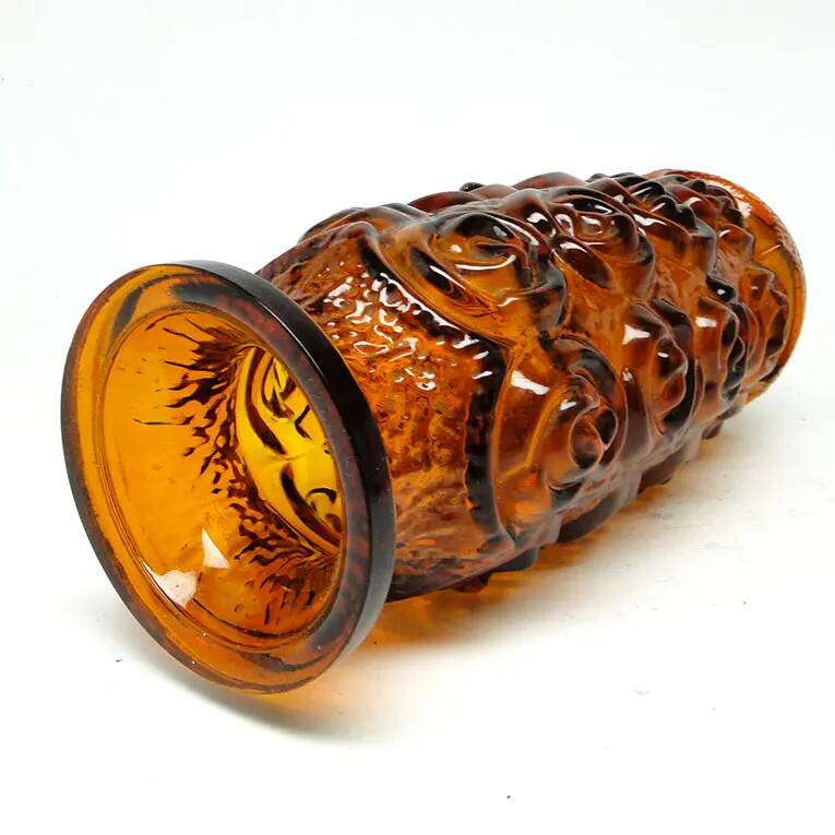 Vase Art Déco en roses, verre pressé orange, Huta Laura, Pologne, années 1970