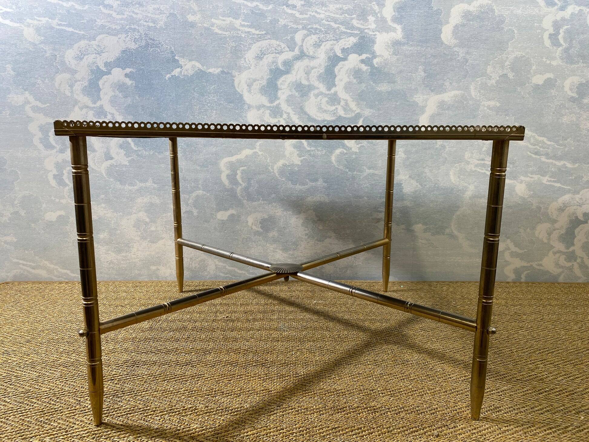 Side table with oxidised metal mirror top on a brass frame, France, 1960s.
