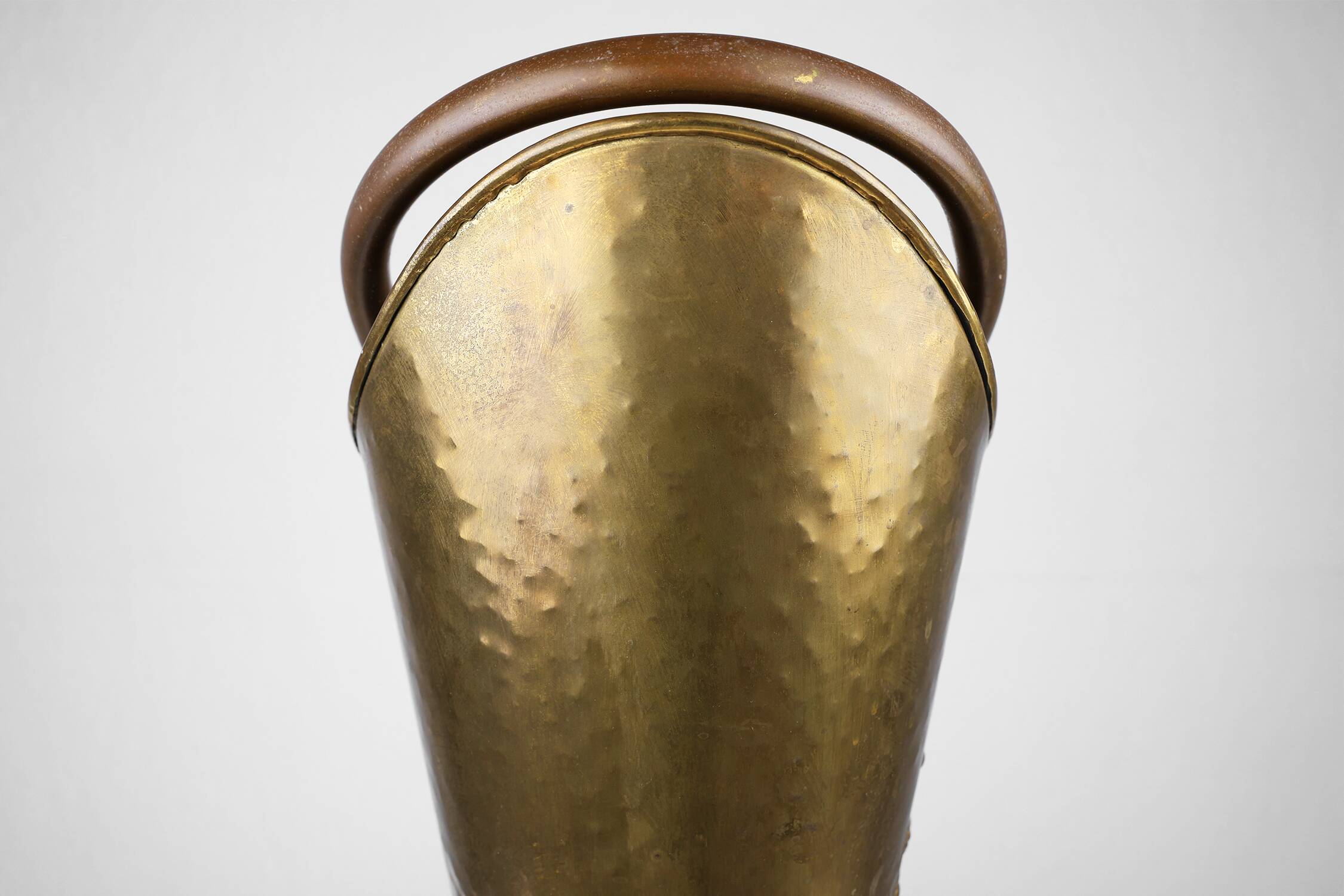 French vintage rustic brass and copper base umbrella stand with embossed decoration