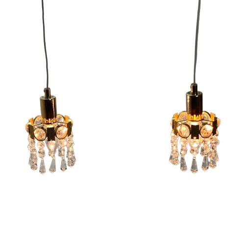 Two gold-plated brass and crystal pendant lights, by Palwa, 1960s design, Hollywood Regency.