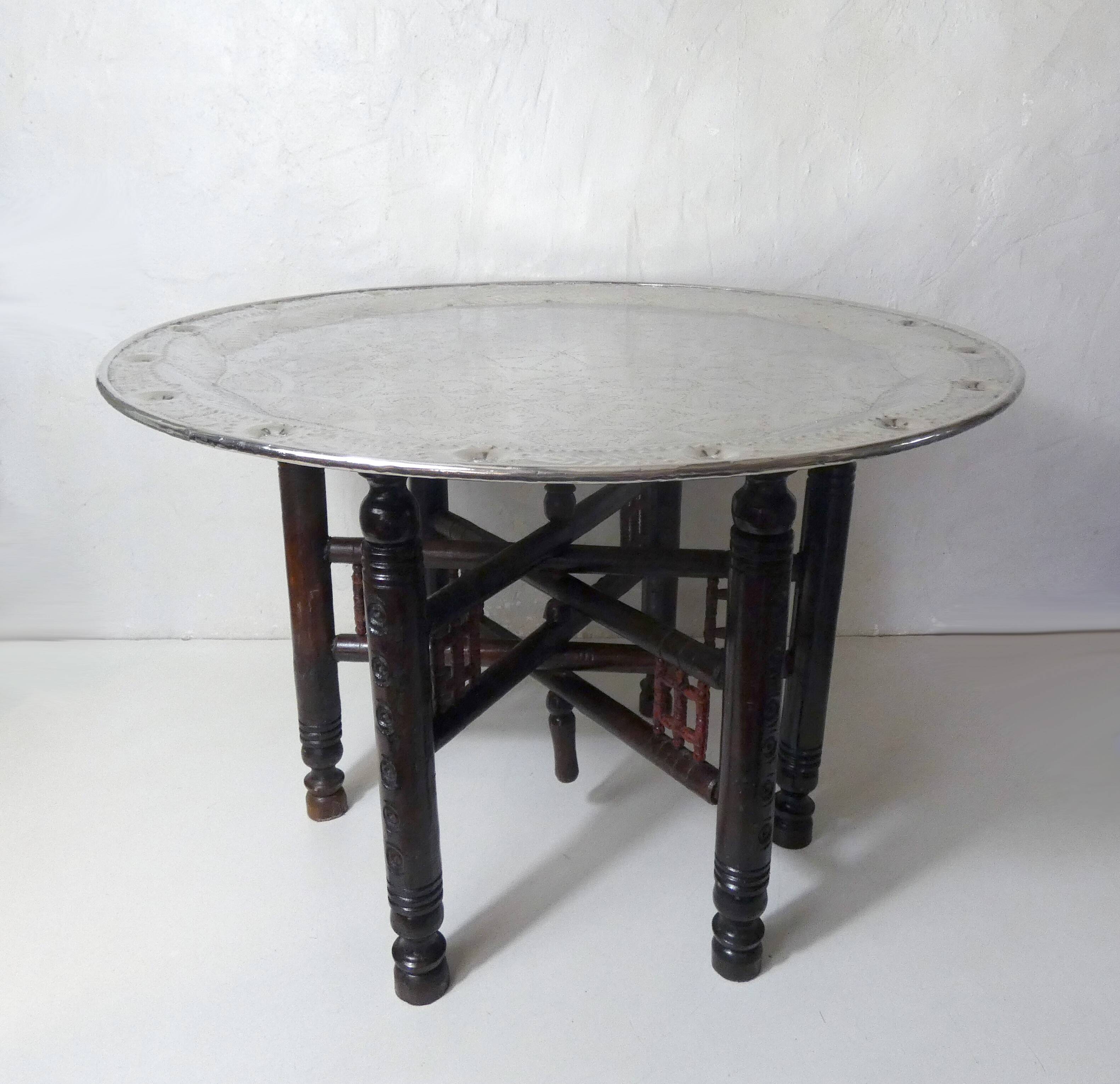 vintage folding oriental coffee table with silver metal top
