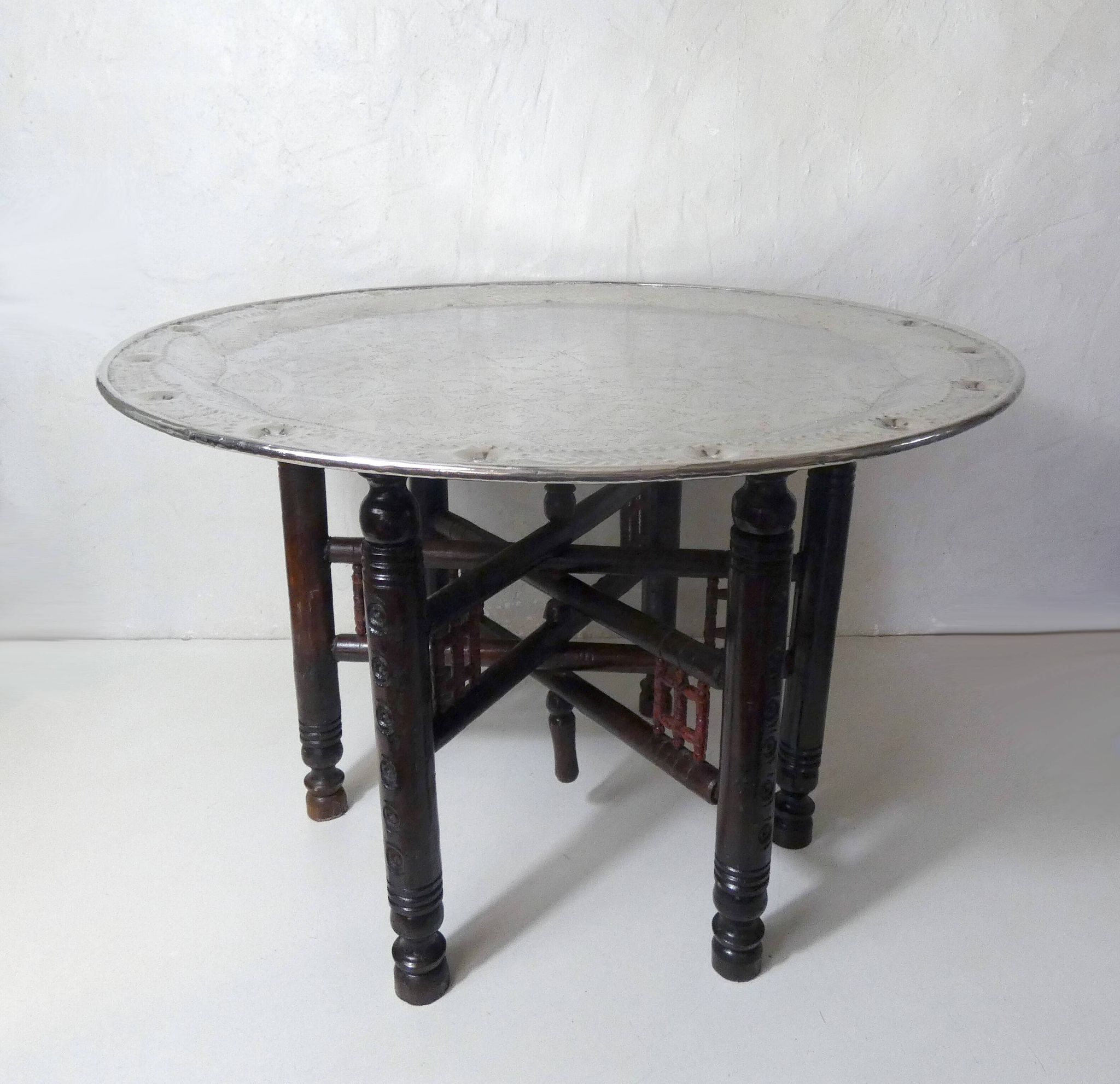 vintage folding oriental coffee table with silver metal top