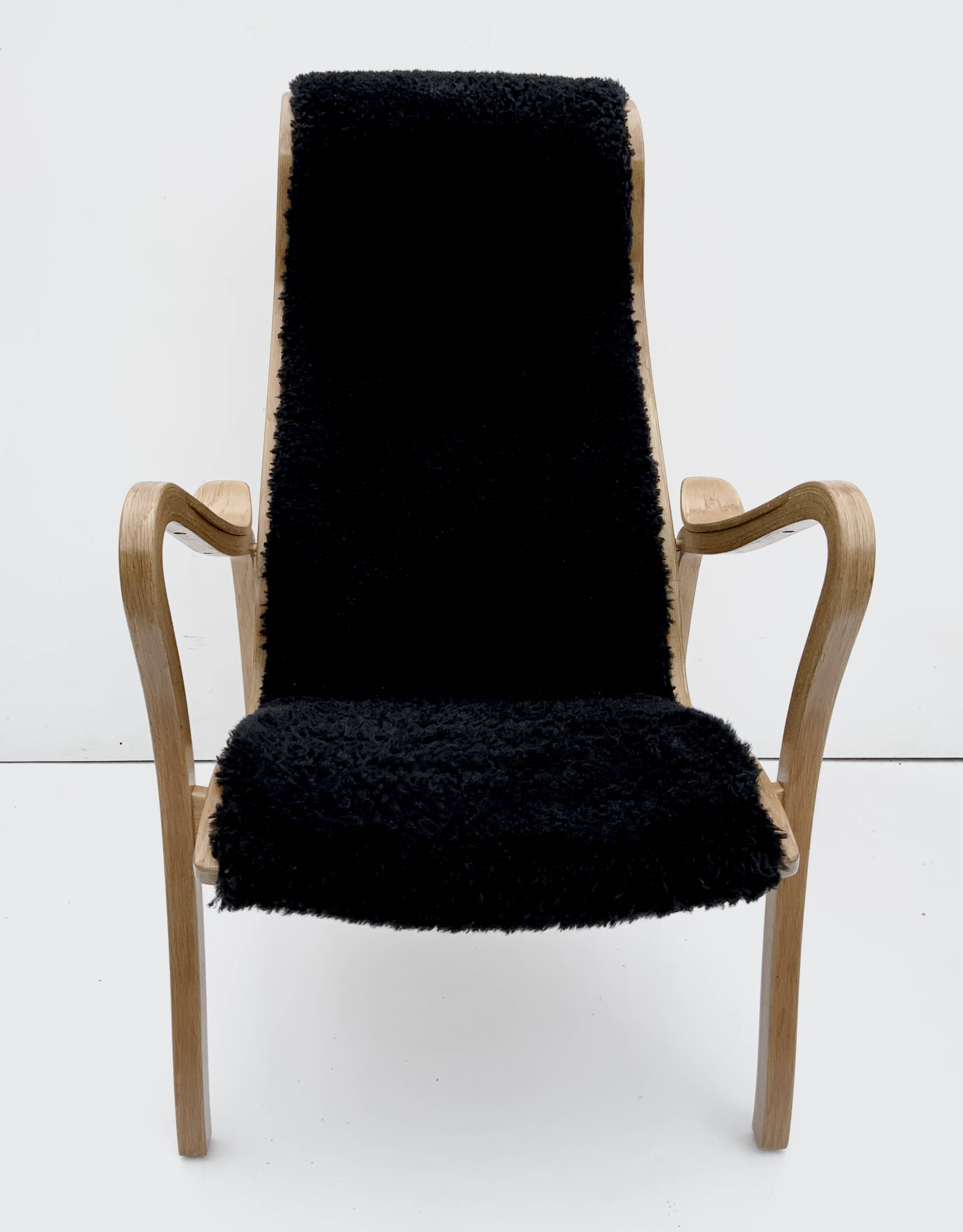 Vintage G.A. Berg “Torparen” Armchair, Oak, Black Sheepskin, Ottoman, 1960s