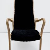 Vintage G.A. Berg “Torparen” Armchair, Oak, Black Sheepskin, Ottoman, 1960s