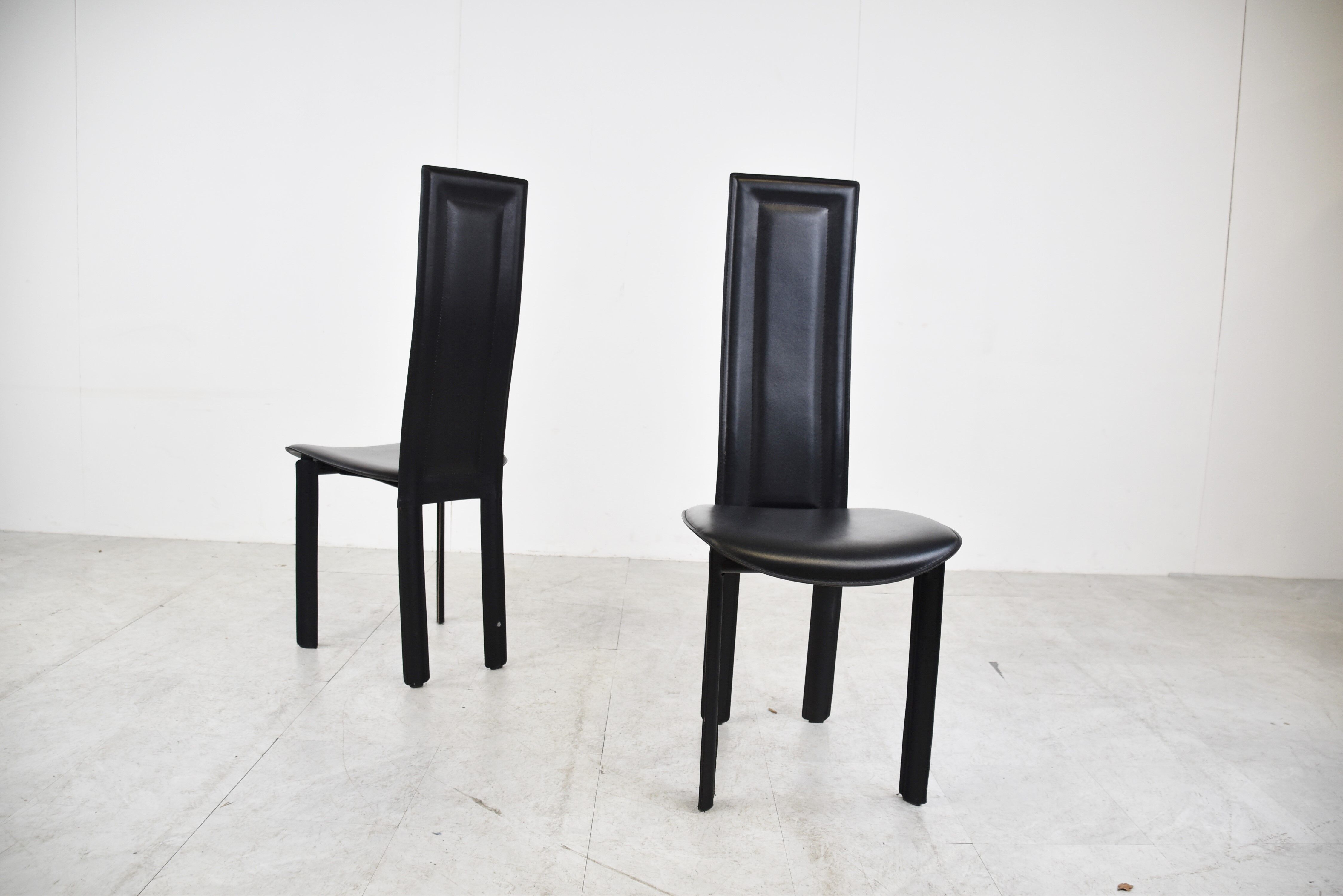 Vintage black leather dining chairs,  1980