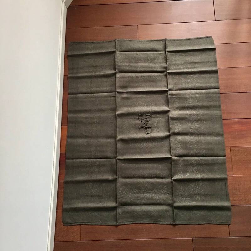 Old embroidered table napkin J G Dark Khaki Green