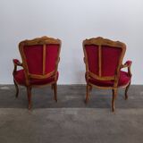Ensemble banquette et 2 fauteuils style Louis XV en tissu rouge