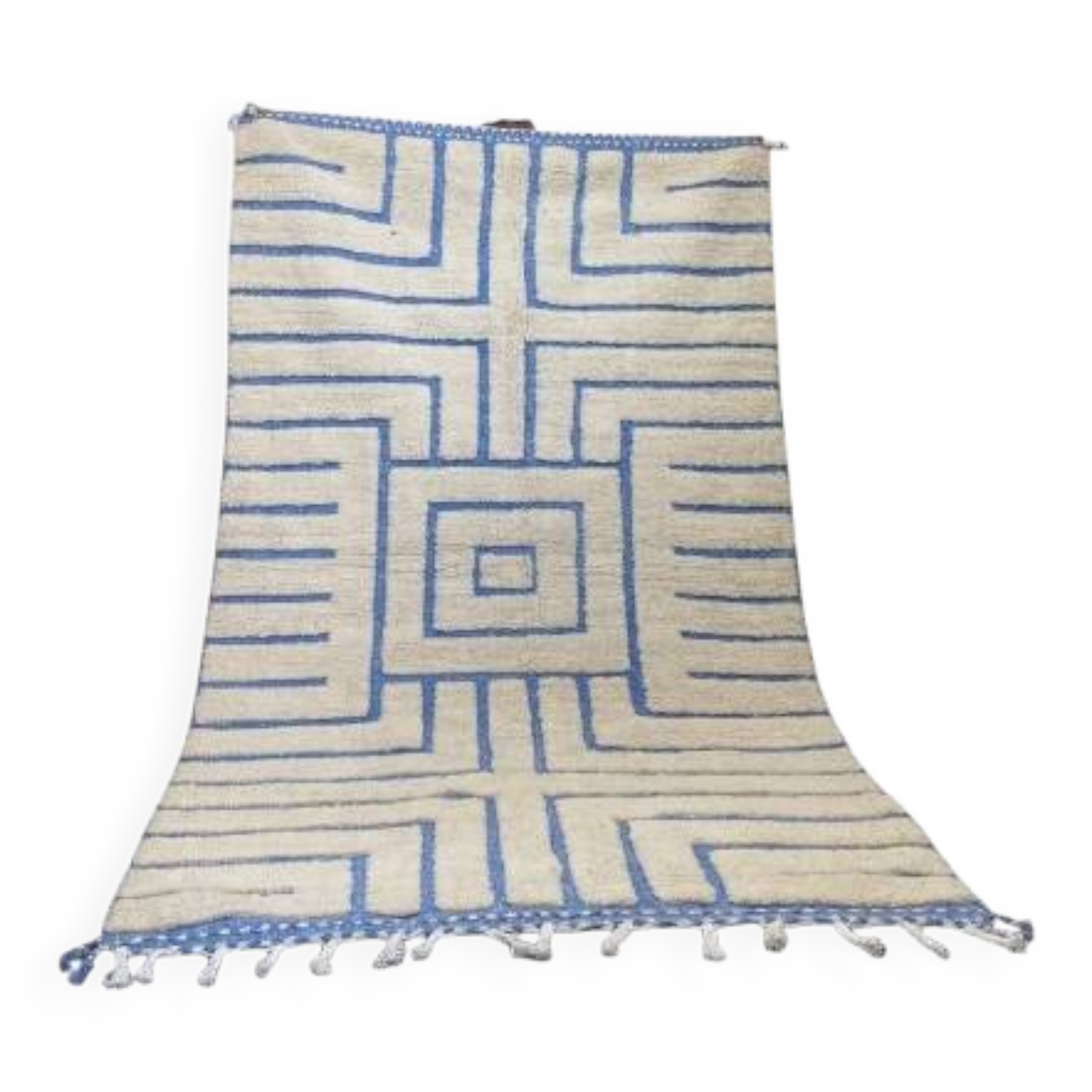 Sky Blue Boujaad Rug – Handmade Moroccan Wool Rug with Bold White Geometric Patterns
