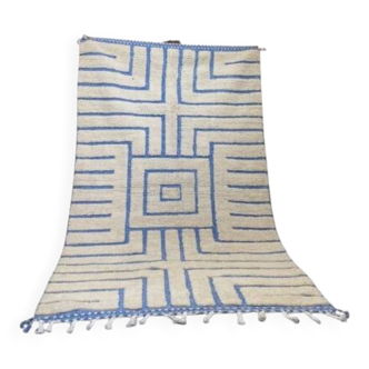 Sky Blue Boujaad Rug – Handmade Moroccan Wool Rug with Bold White Geometric Patterns