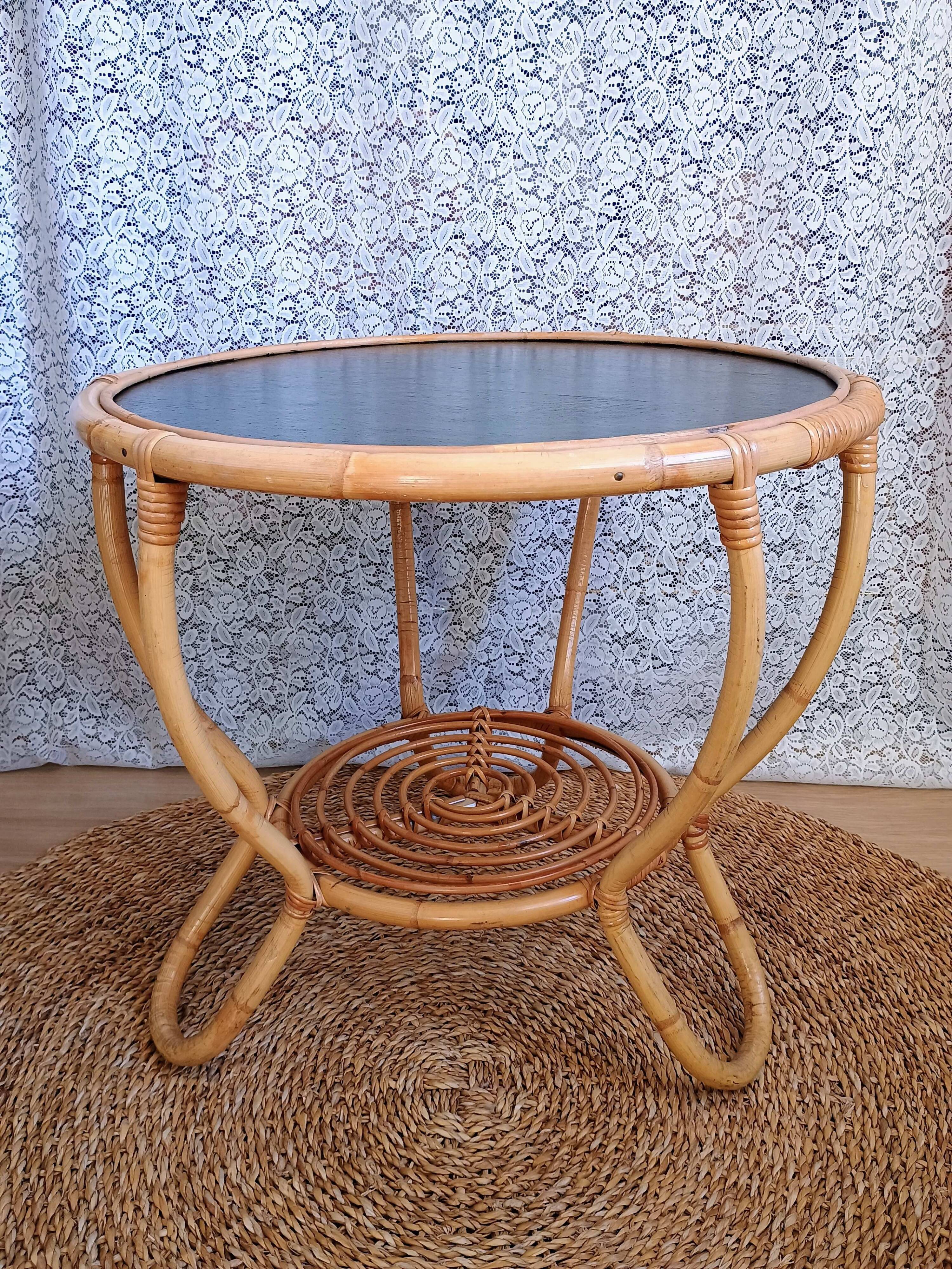 Round vintage rattan coffee table