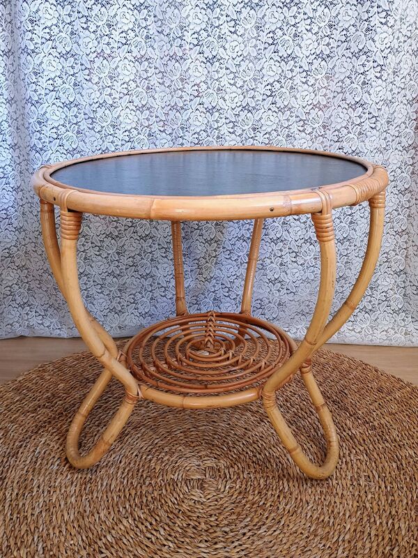 Table basse ronde en rotin vintage