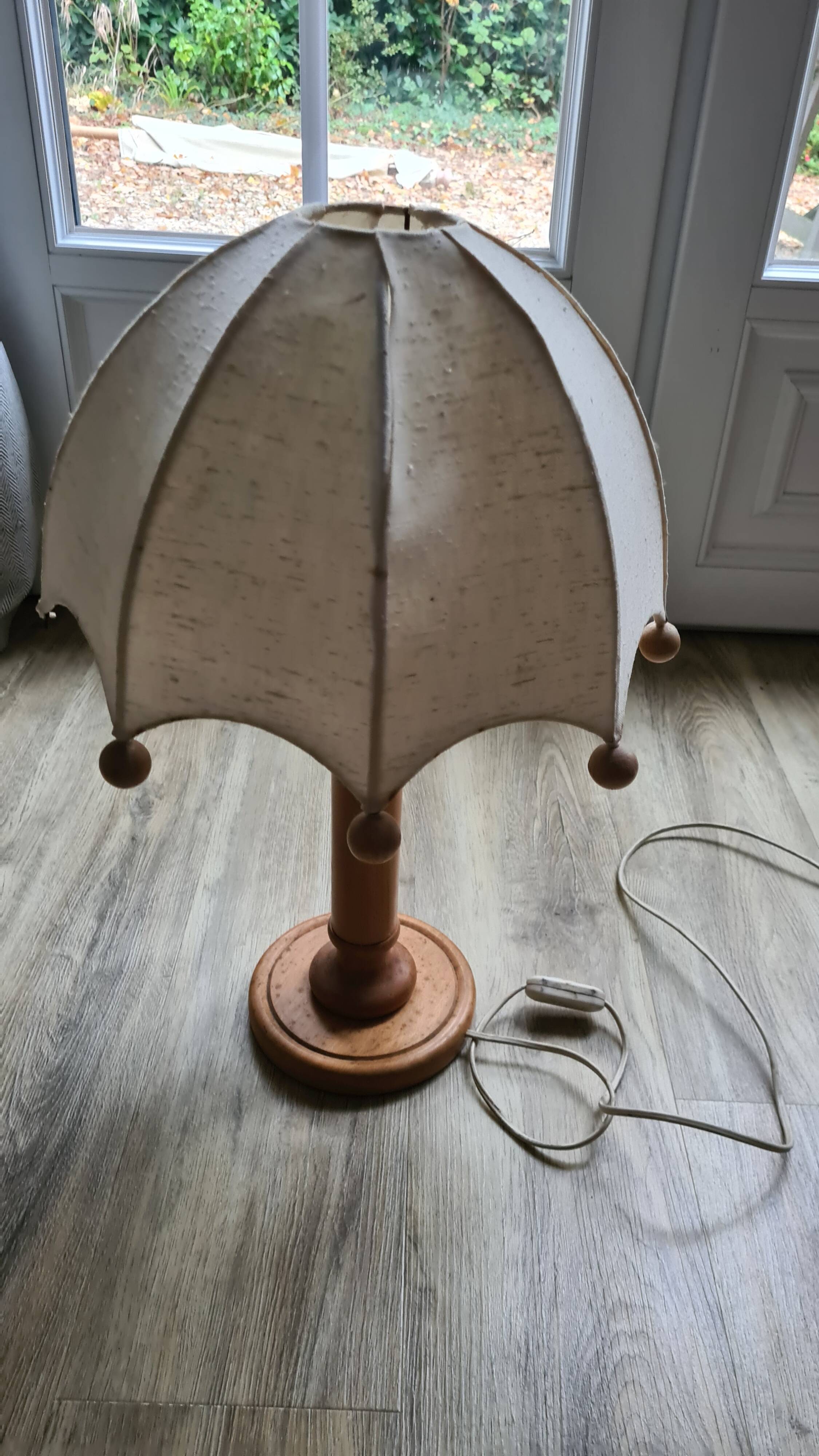 Umbrella lamp from the 70s in wood and fabric