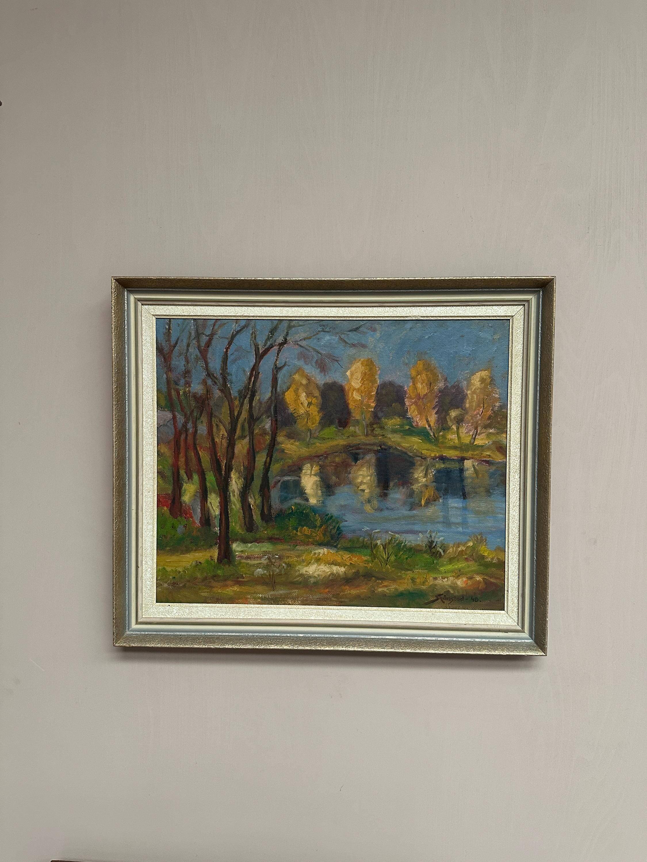 Original Swedish Oil on Panel – “Autumn Landscape” by Skänstod – Dated 1948