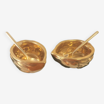 Salt pots - gilded porcelain - robj - art deco - salt pepper + spoons - walnut model