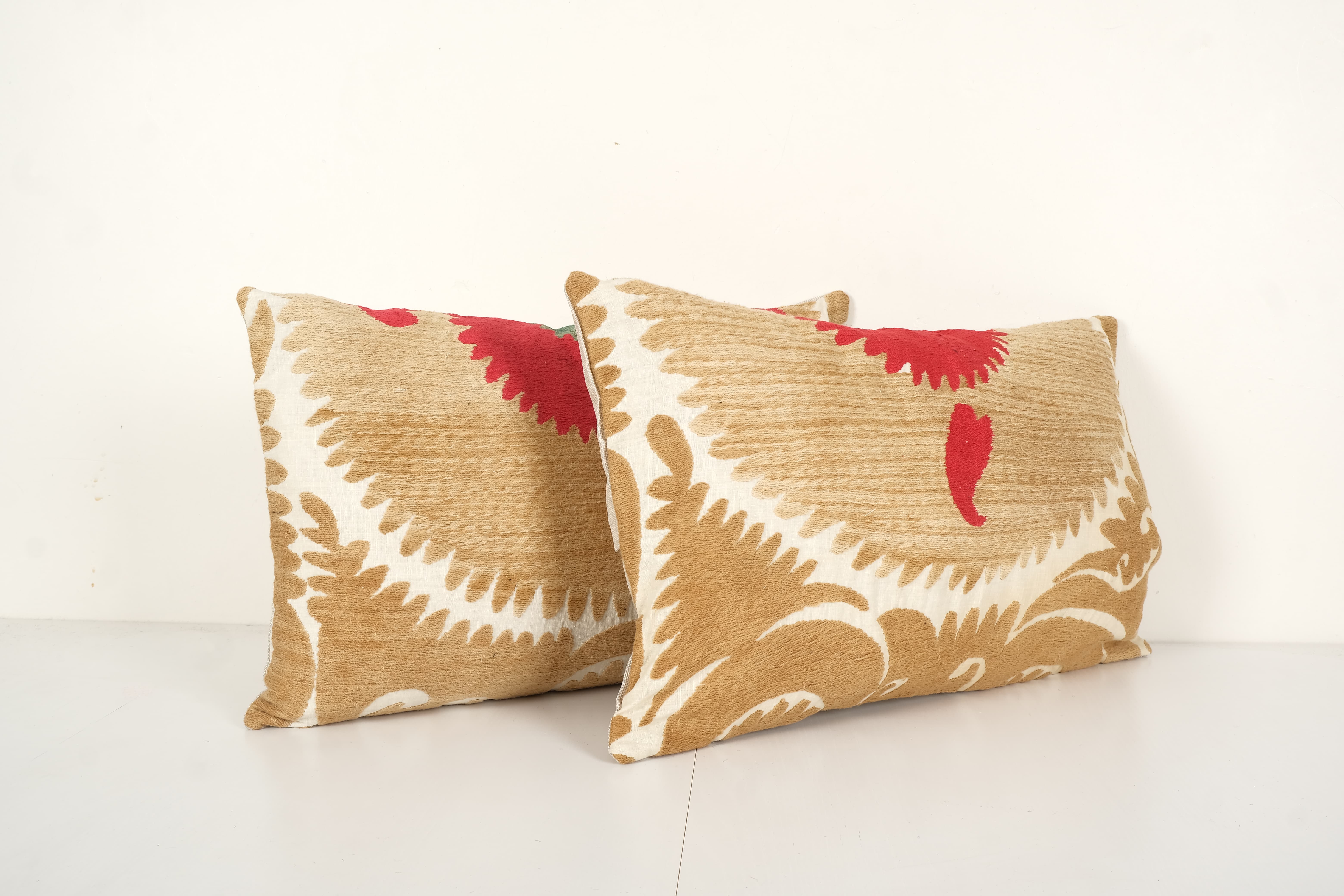 Set suzani body pillow made from a vintage uzbek suzani, tanethnic lumbar pillow cover, pair muted