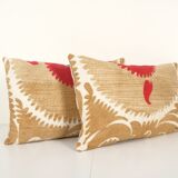 Set suzani body pillow made from a vintage uzbek suzani, tanethnic lumbar pillow cover, pair muted
