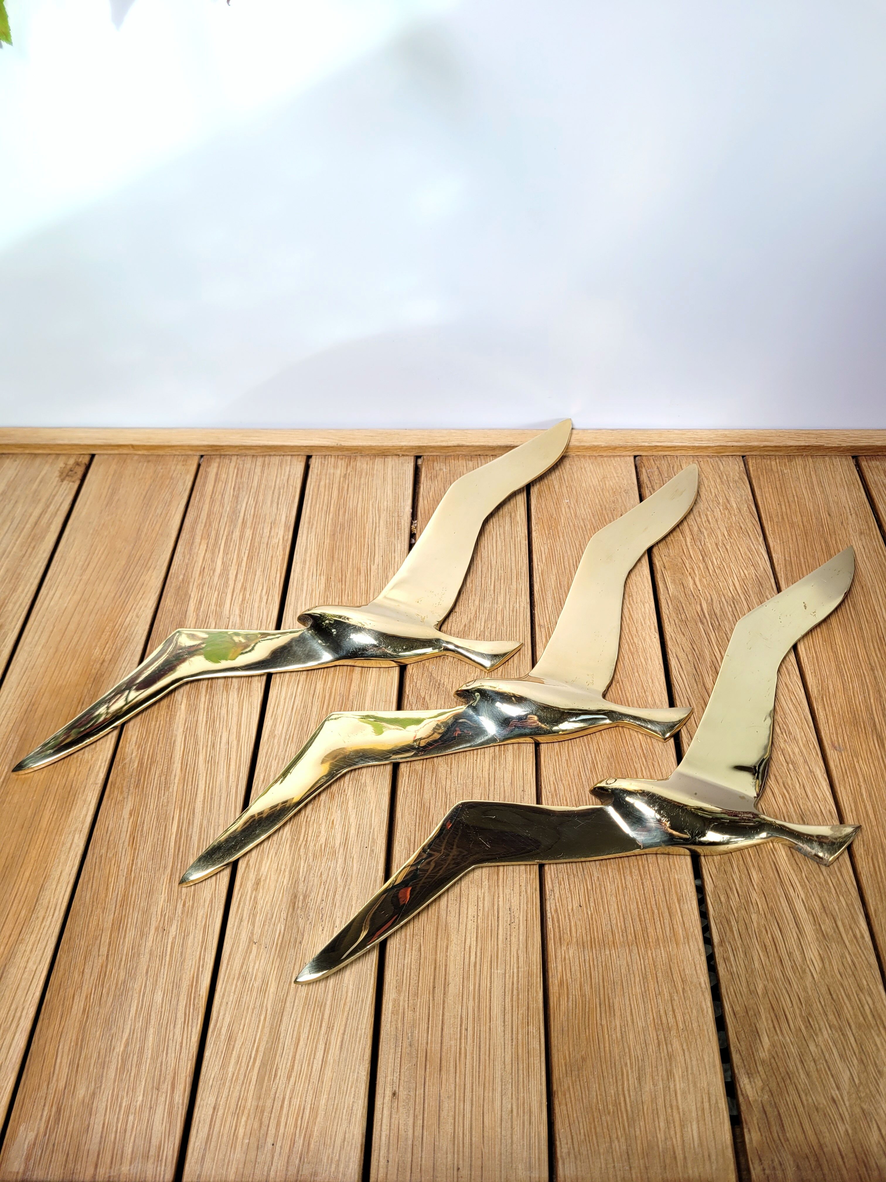 Flight of 3 gulls or brass swallows