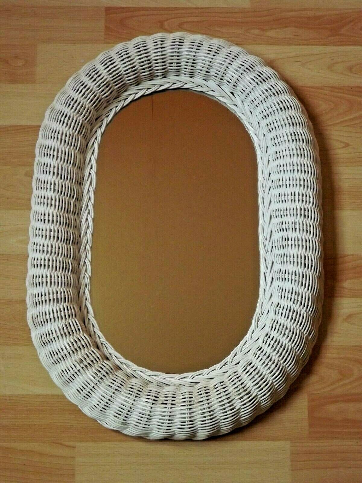 Vintage French White Oval Rattan Mirror Plywood Back Hanging Hook.