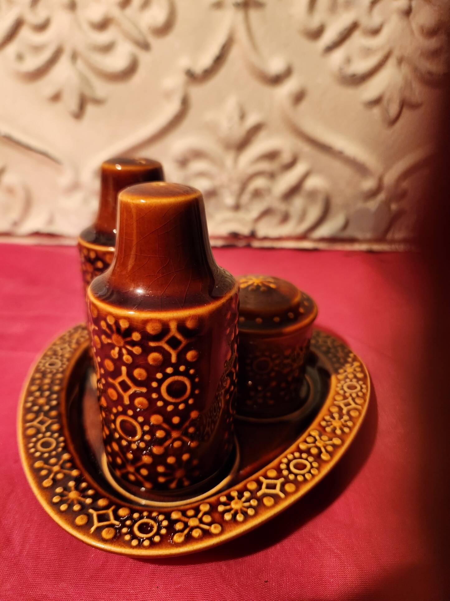 Set of ceramic condiments: salt, pepper, mustard, Connemara Celtic.