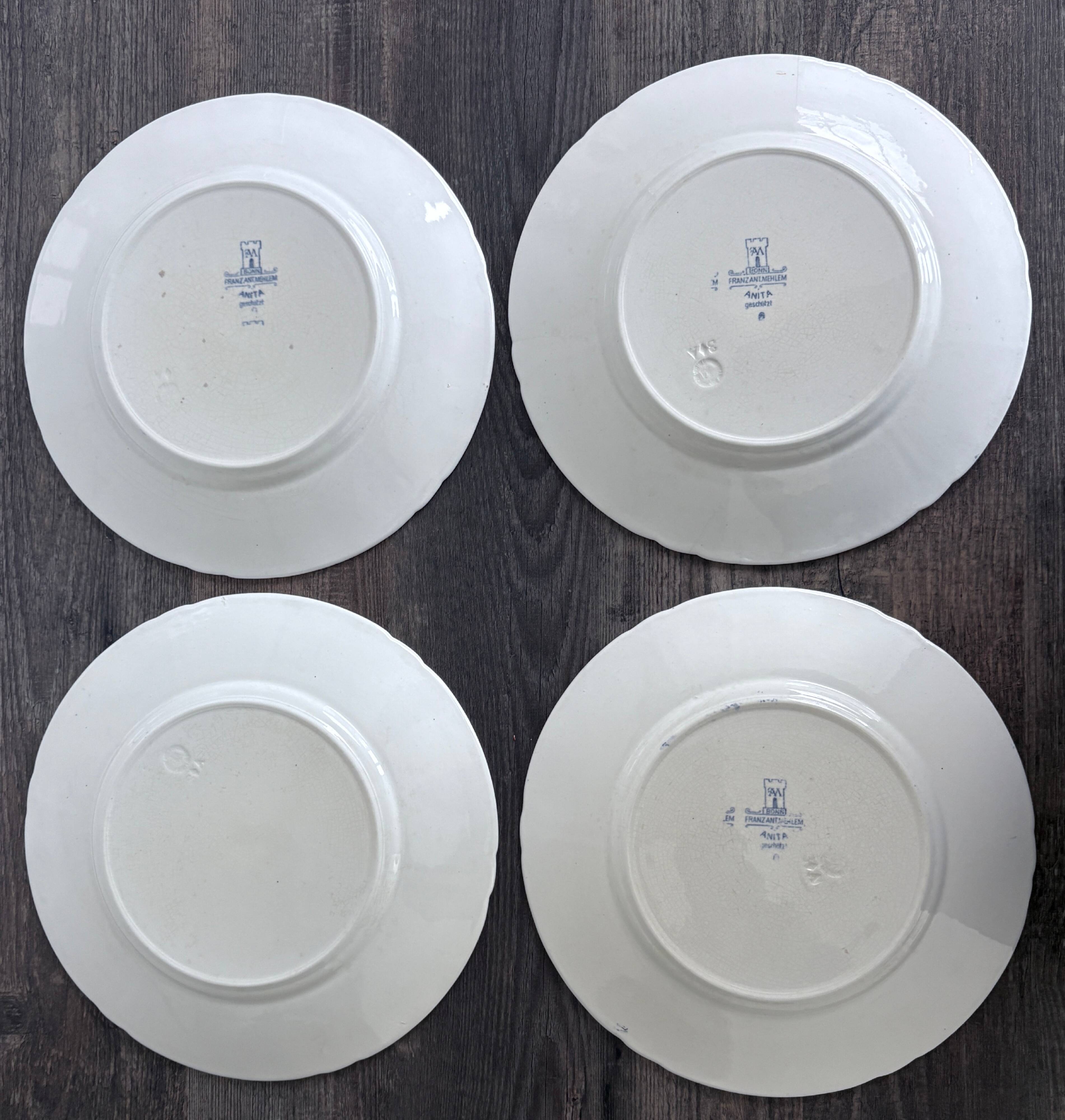 4 antique plates by Franz Anton Mehlem "Anita", antique porcelain