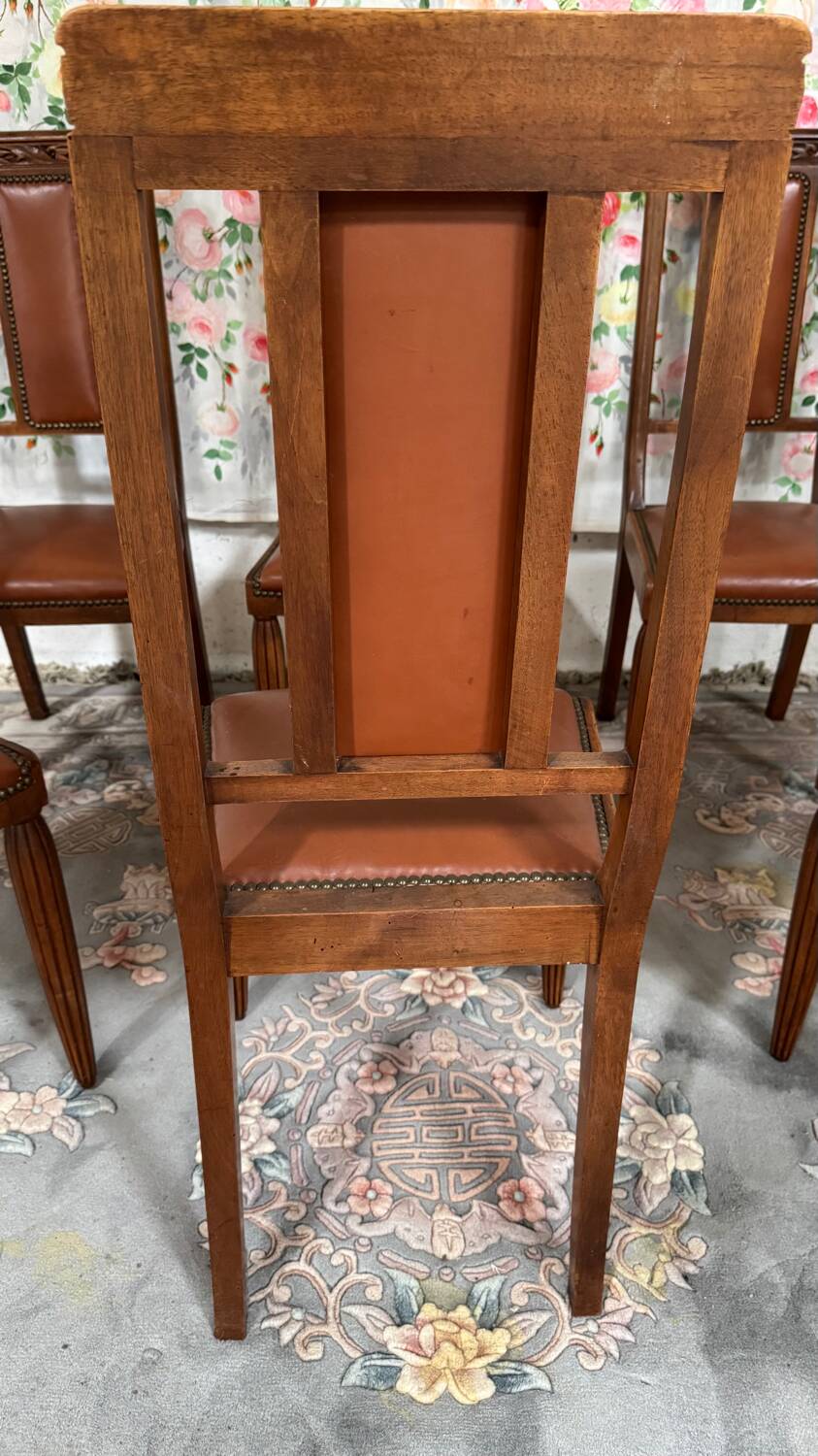 6 Art Deco walnut and leather chairs