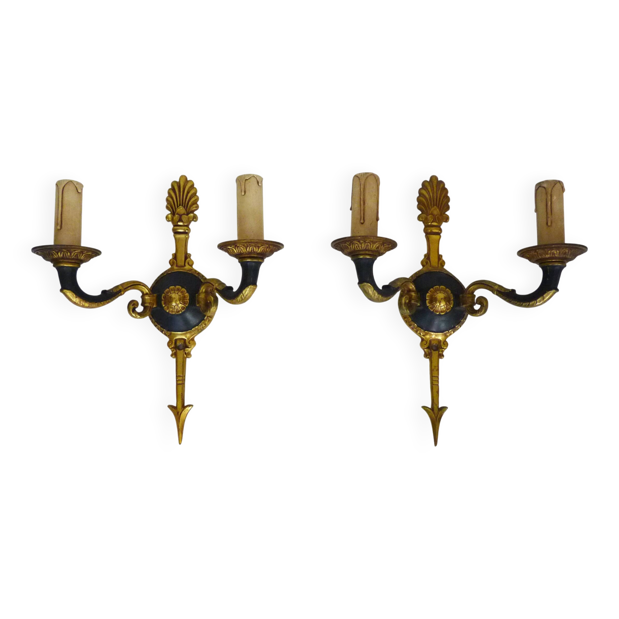 Pair of wall sconces in the Empire style with double lights in bronze.